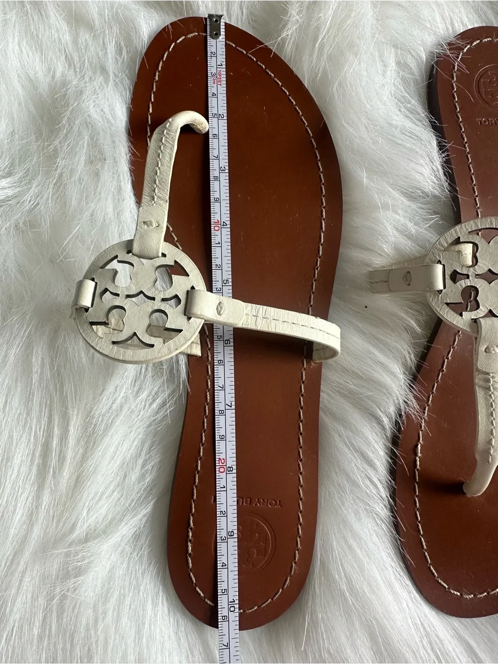Tory Burch White Logo Thong Sandals with Brown Footbed Sz 9
